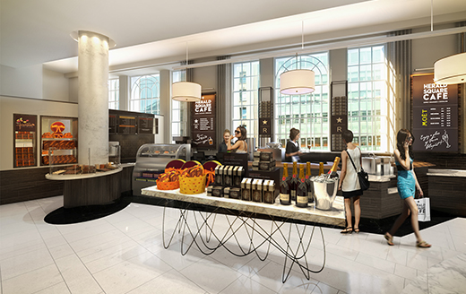 rendering of a modern and high-end cafe at the Macy’s Herald Square store