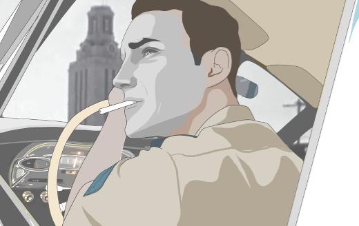 animation of a man driving through a city while smoking a cigarette
