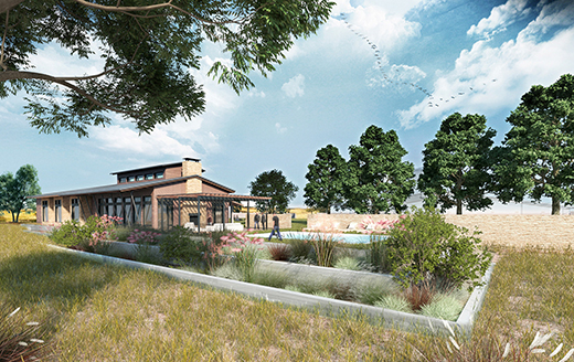 architectural rendering of a landscaped park with a garden and a small building