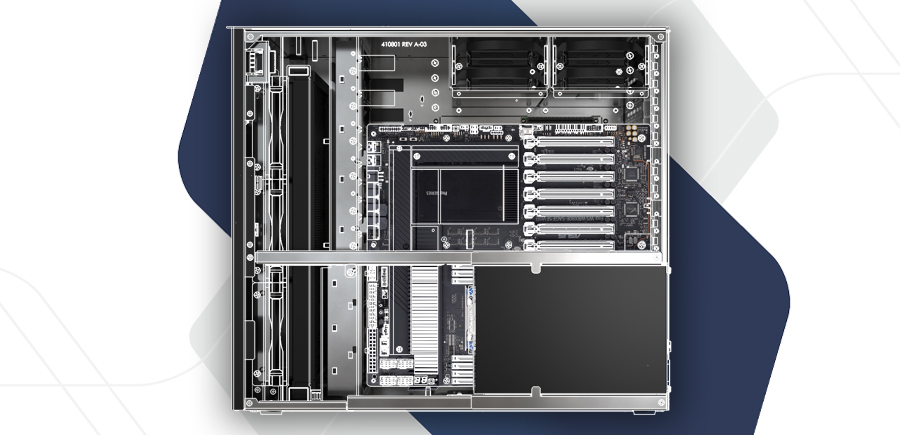A system that is half blueprinted renderings and half final product on top of a blue monochrome panelled background