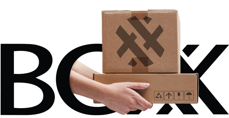 BOXX logo with arms carrying two brown boxes coming out of the 'O'